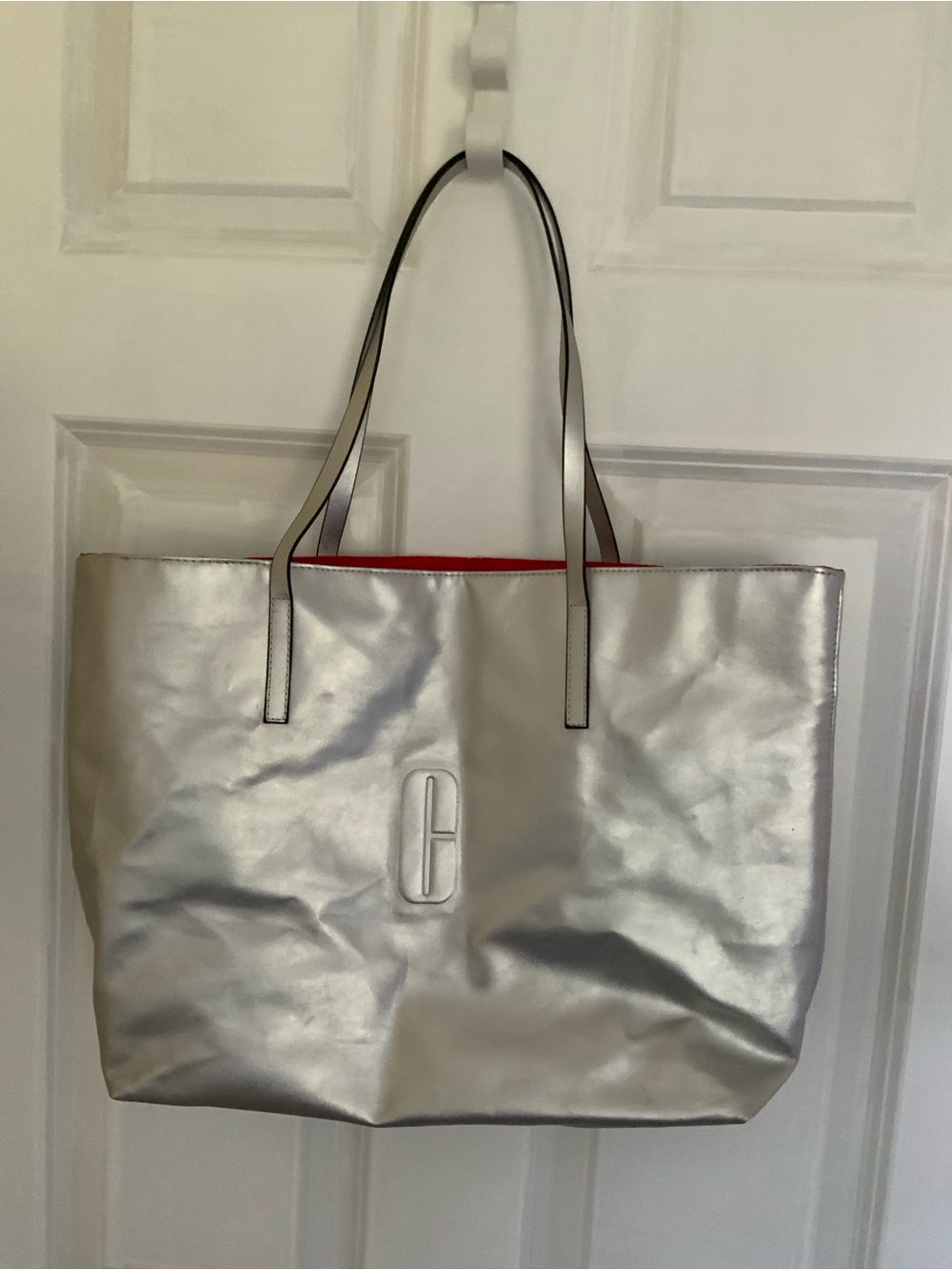 Clinique Metallic Silver Tote with Red Trim